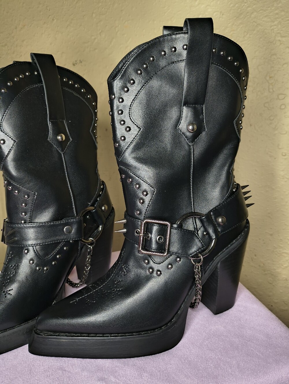 Dolls Kill Widow "Nocturnal Memories" spiked cowboy boots in black.